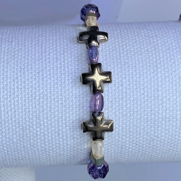 Regal 3 Cross Bracelet Purple Amethyst February Birthstone Religious Beaded - Picture 3 of 16